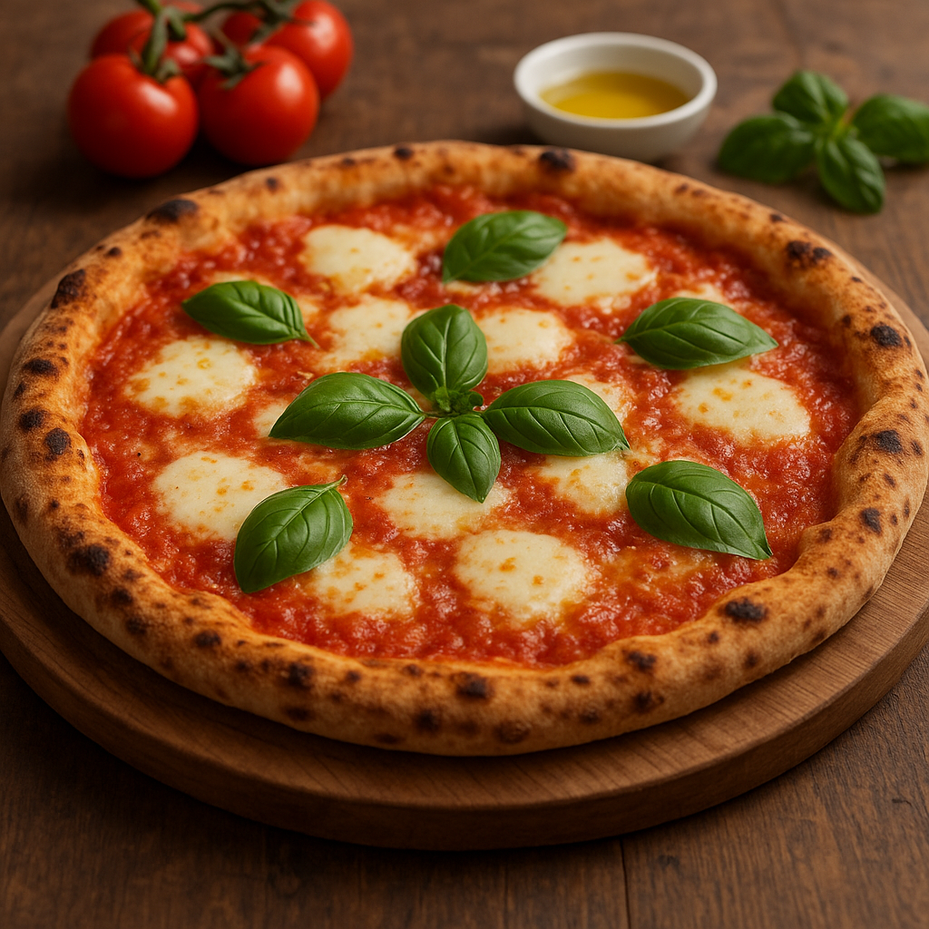 Pizza Margherita – włoskie danie główne, placek z sosem i mozzarellą