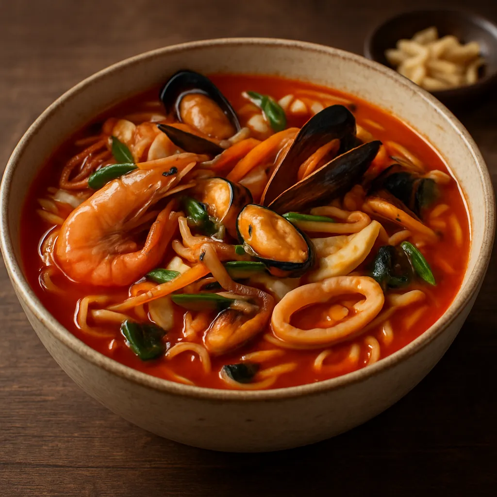 Jjambbong – koreańska pikantna zupa z owocami morza